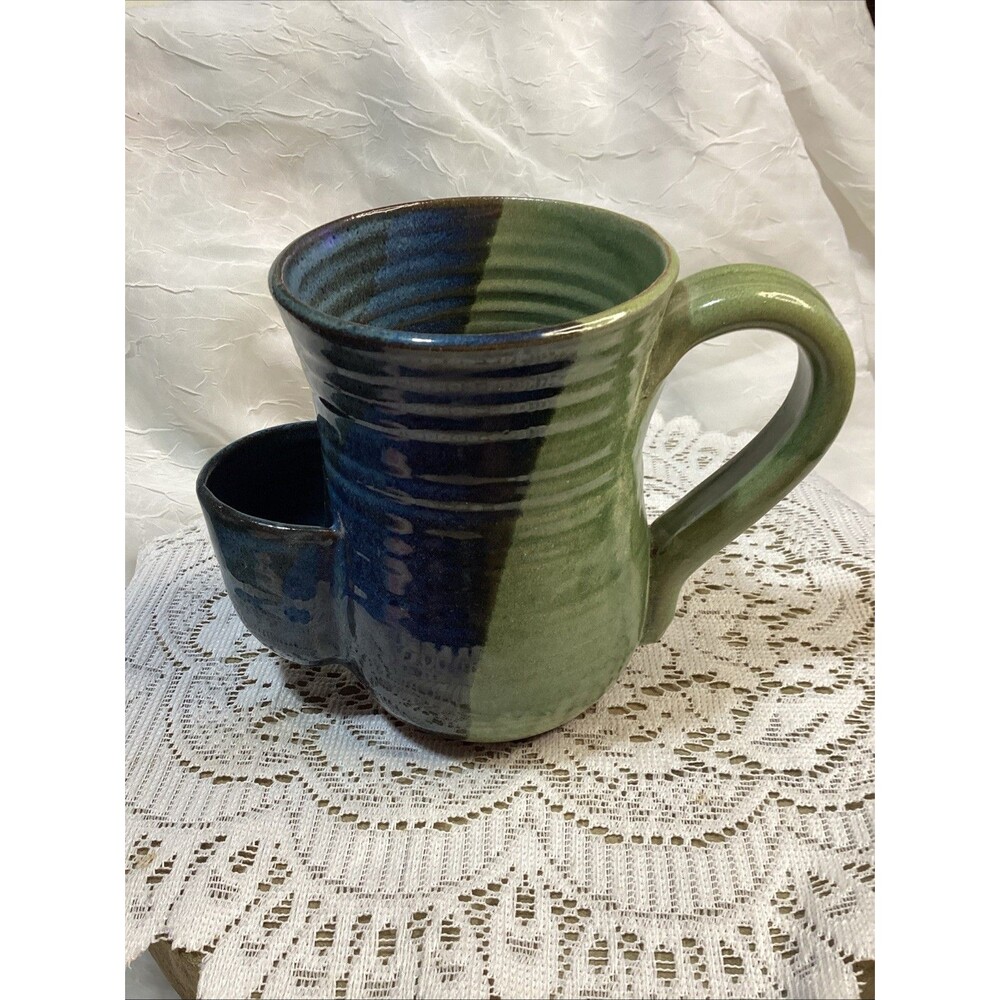 Mudworks Blue Green Handcrafted stomeware Teabag Mug Signed